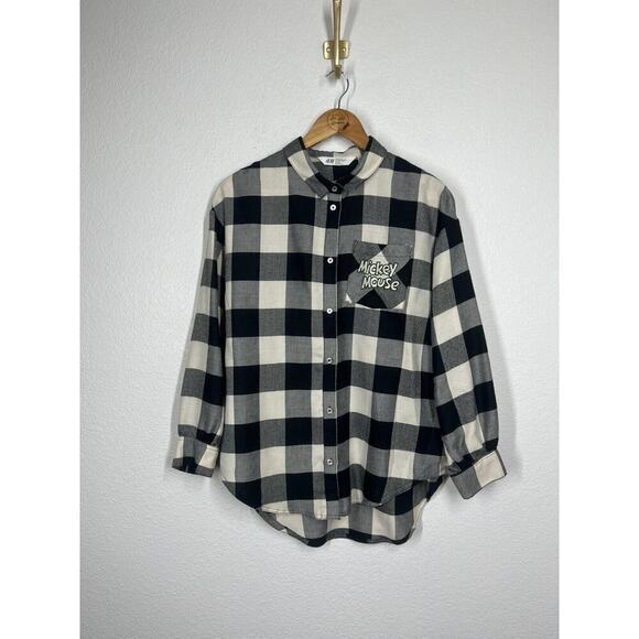 H&M Disney Mickey Mouse Flannel Shirt Kids Youth Size 16 Gingham Plaid - Picture 1 of 4